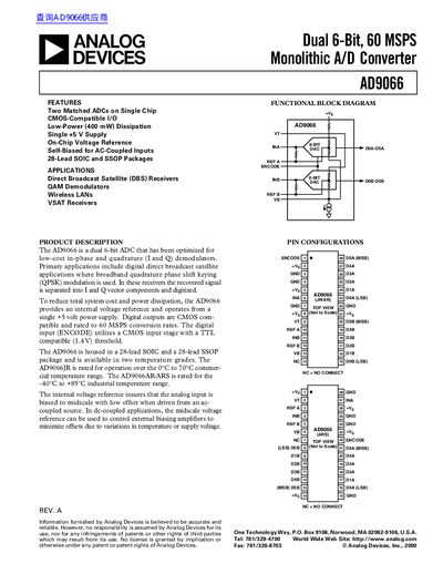 ANALOG DEVICES Dual 6-Bit 60 MSPS Monolithic A/D Converter AD9066 handbook - cover page