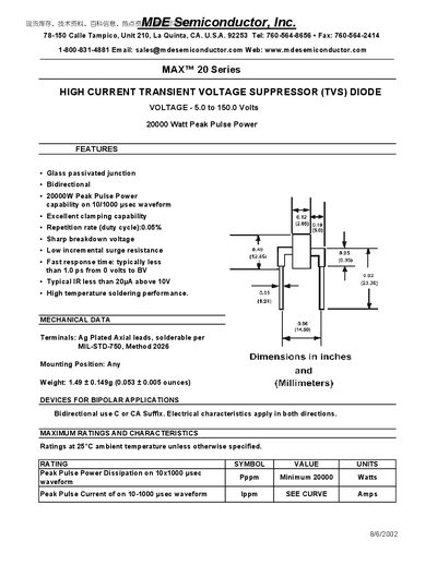 MAXIM MAX 20 Series HIGH CURRENT TRANSIENT VOLTAGE SUPPRESSOR (TVS) DIODE VOLTAGE - 5.0 to 150.0 Volts 20000 Watt Peak Pulse Power Manual - cover page