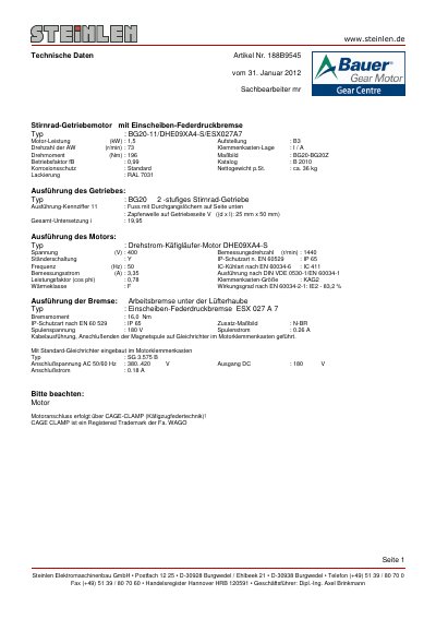 Bauer BG20-11/DHE09XA4-S/ESX027A7 Gear Motor Technical Data - cover page