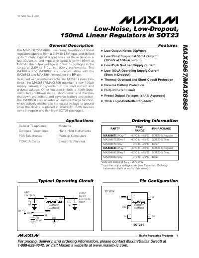 Maxim MAX8867/MAX8868 Low‑Noise Low‑Dropout Linear Regulator Datasheet - cover page