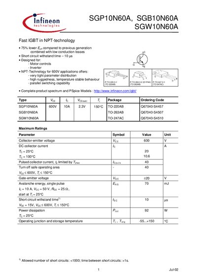 Infineon SGP10N60A SGB10N60A SGW10N60A IGBT Datasheet - cover page
