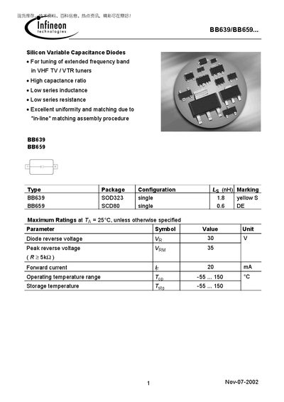 Infineon BB639/BB659 Silicon Variable Capacitance Diodes Datasheet - cover page