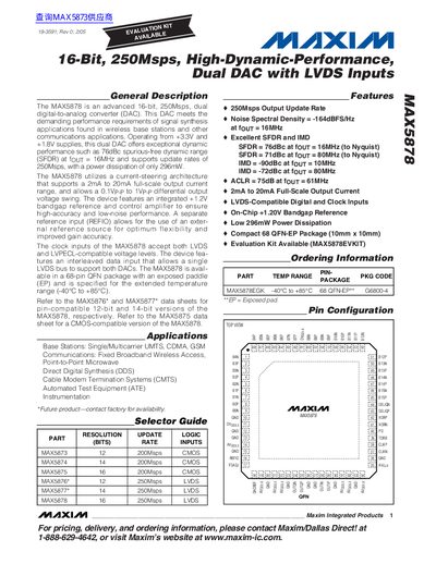 Maxim MAX5878 Dual DAC with LVDS Inputs Datasheet - cover page