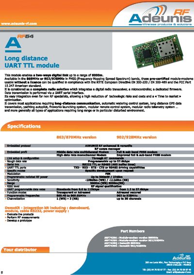 Adeunis RF54 Long Distance UART TTL Module Product Leaflet - cover page