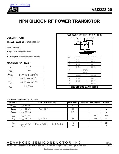 Advanced Semiconductor ASI2223-20 RF Power Transistor Datasheet - cover page