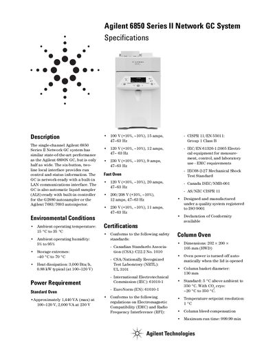 Agilent 6850 Series II Network GC System Specifications