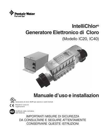 Pentair IntelliChlor IC20/IC40 Chlorine Generator User and Installation Manual - cover page