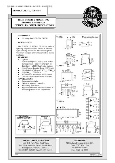 ISOCOM COMPUNENTS TLP521 TLP521-2 TLP521-4 handbook - cover page
