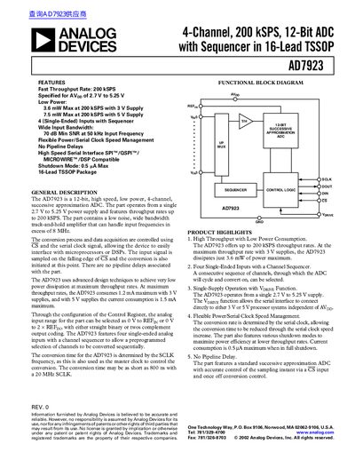ANALOG DEVICES 4-Channel 200 kSPS 12-Bit ADC with Sequencer in 16-Lead TSSOP AD7923 handbook