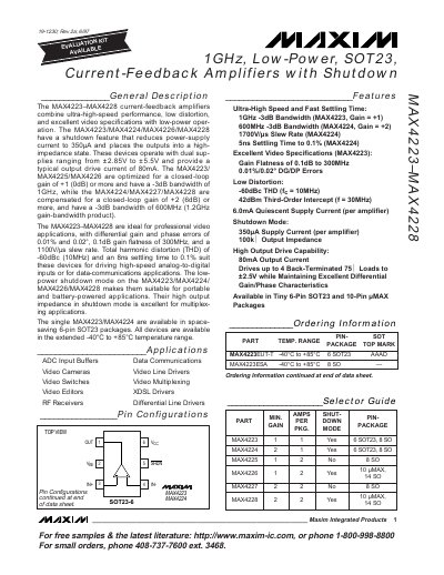 MAXIM MAX4223 MAX4228 1GHz Low-Power SOT23 Current-Feedback Amplifiers with Shutdown handbook - cover page