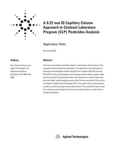 Agilent A 0.32 mm ID Capillary Column Approach to Contract Laboratory Program (CLP) Pesticides Analysis - cover page