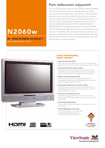 ViewSonic N2060w 20" LCD TV Product Data Sheet - cover page