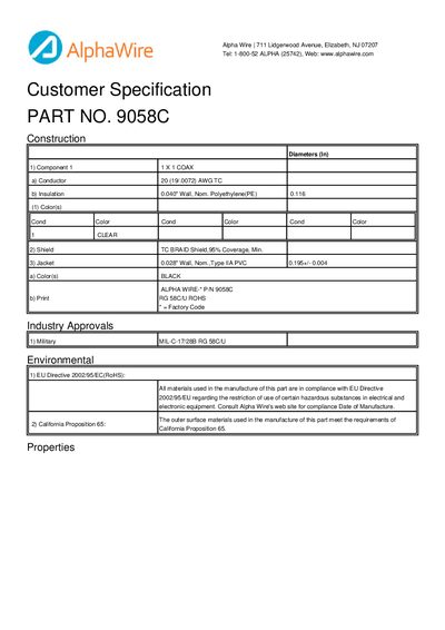 Alpha Wire 9058C Customer Specification - cover page