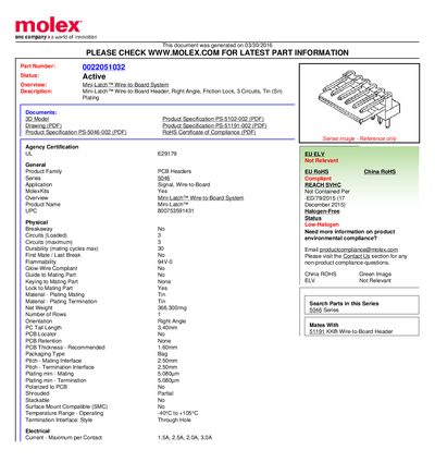Molex 0022051032 Mini-Latch Wire-to-Board Header Product Specification - cover page
