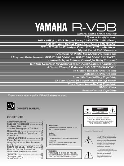 YAMAHA R-V98 Natural Sound Stereo Receiver user manual - cover page