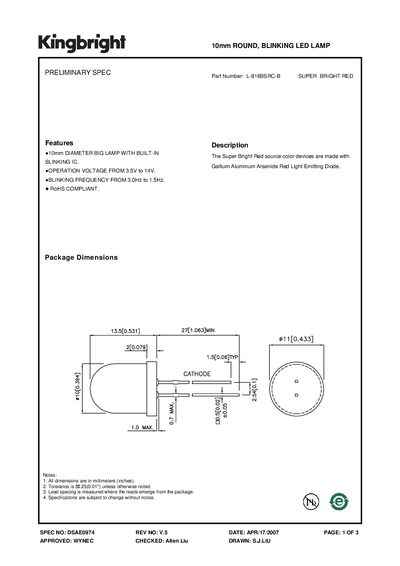 KINGBRIGHT - SPEC NO: DSAE0974 10mm ROUND BLINKING LED LAMP handbook - cover page