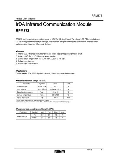 ROHM RPM873 Infrared Communication Module Datasheet - cover page