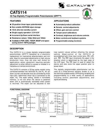 Catalyst CAT5114 Digital Potentiometer Datasheet