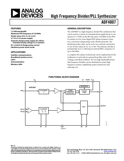 Analog Devices ADF4007 High Frequency Divider/PLL Synthesizer Datasheet Rev A