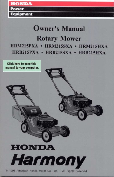 HONDA HRM215PXA/HRM215SXA/HRM215HXA/HRB215PXA/HRB215SXA/HRB215HXA Rotary Mower user manual