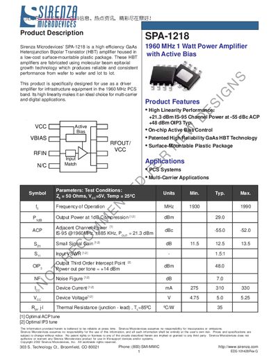 Sirenza SPA-1218 1960 MHz 1 W Power Amplifier Manual - cover page