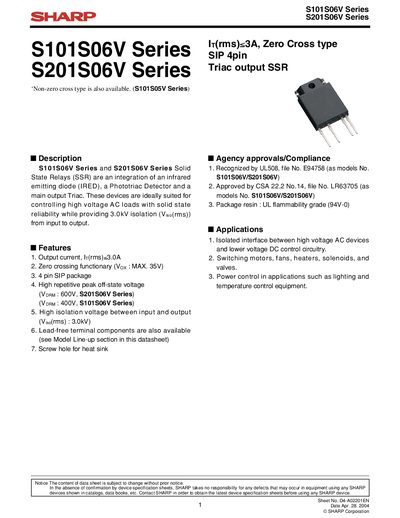 SHARP S101S06V Series S201S06V Series Manual - cover page
