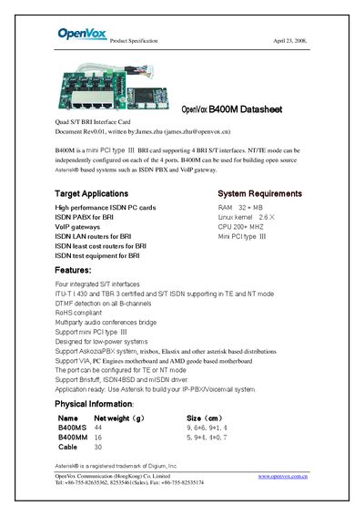 OpenVox B400M BRI Interface Card Datasheet - cover page