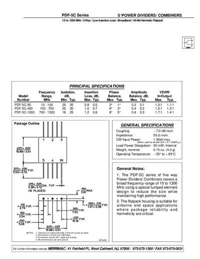 Merrimac PDF-5C Series Power Dividers/Combiners Datasheet - cover page