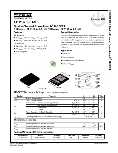 Fairchild FDMS7600AS Dual N-Channel MOSFET Datasheet - cover page