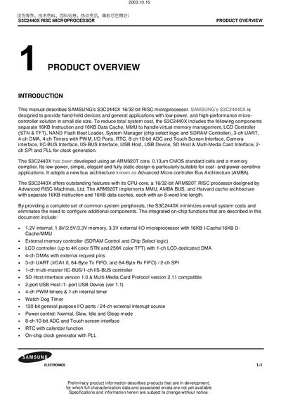 Samsung S3C2440X RISC Microprocessor Datasheet - cover page