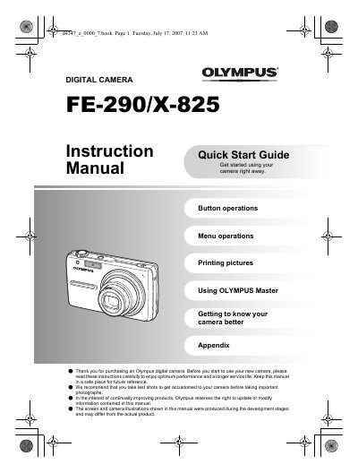 Olympus FE-290/X-825 Digital Camera Instruction Quick Start Guide Manual - cover page