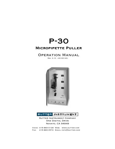 Sutter Instrument P-30 Micropipette Puller Operation Manual - cover page