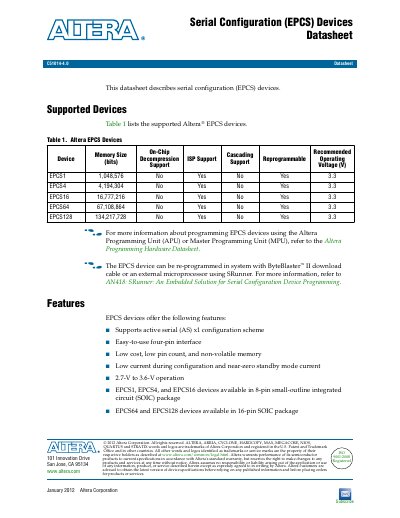 Altera EPCS Serial Configuration Devices Datasheet - cover page