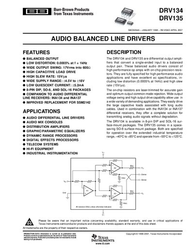 Texas Instruments DRV134/DRV135 Audio Balanced Line Drivers Datasheet - cover page