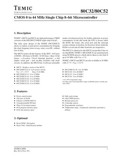 TEMIC 80C52/80C32 Datasheet - cover page