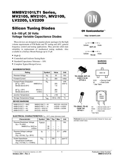 ON Semiconductor MMBV2101LT1 Series Silicon Tuning Diodes Datasheet - cover page