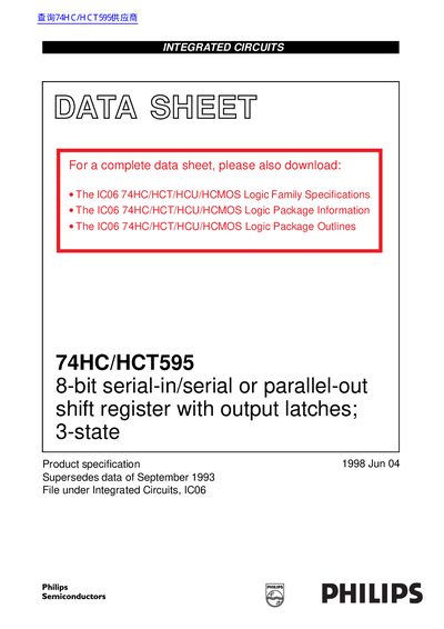 PHILIPS 74HC/HCT595 8-bit serial-in/serial or parallel-out shift register with output latches; 3-state handbook