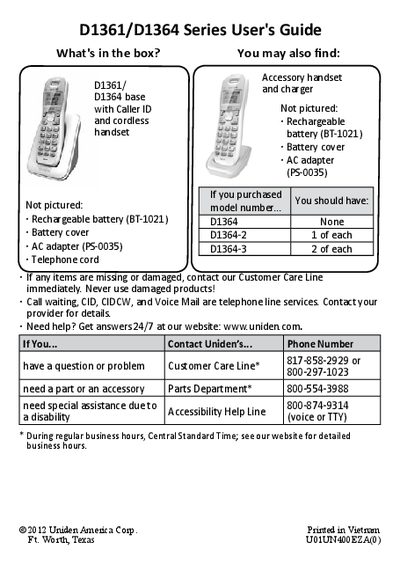 Uniden D1361/D1364 Series Cordless Phone User's Guide - cover page