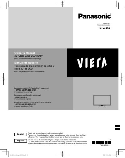 Panasonic TC-L32C3 720p LCD HDTV Owner's Manual - cover page