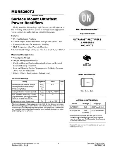 ON Semiconductor MURS260T3 Ultrafast Power Rectifier Datasheet - cover page