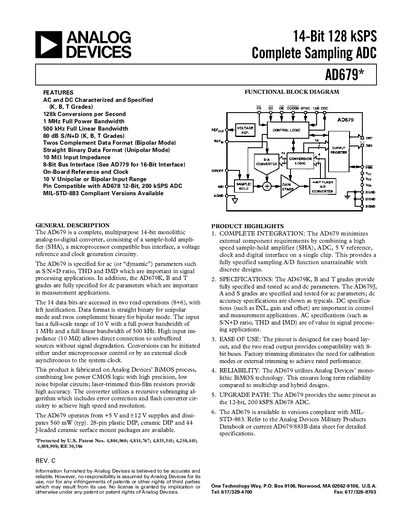 Analog Devices AD679 14‑Bit 128 kSPS Complete Sampling ADC Datasheet - cover page