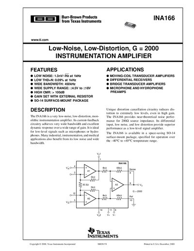 Texas Instruments INA166 Instrumentation Amplifier Datasheet - cover page