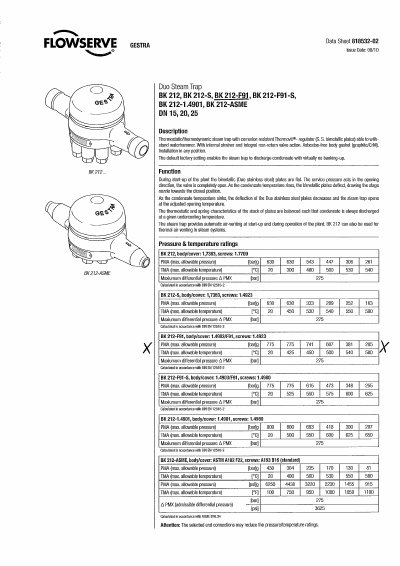 GESTRA BK 212... BK 212-ASME technology data - cover page