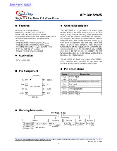 Anachip AP1301/2/4/5 Single Coil Fan Motor Full Wave Driver Datasheet - cover page
