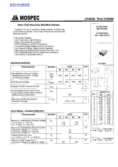 MOSPEC U15A30 to U15A60 Ultra Fast Rectifier Datasheet - cover page
