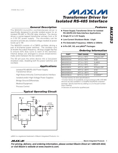 Maxim MAX253 Transformer Driver Datasheet - cover page