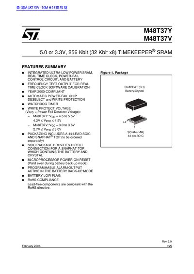 ST M48T37Y M48T37V 5.0 or 3.3V 256 Kbit (32 Kbit x8) TIMEKEEPER SRAM handbook - cover page