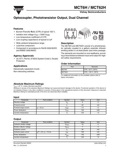 Vishay MCT6H/MCT62H Optocoupler Datasheet - cover page