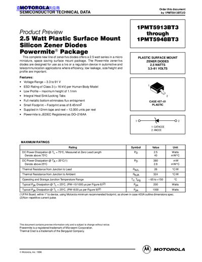 Motorola 1PMT5913BT3 to 1PMT5948BT3 Zener Diode Datasheet - cover page