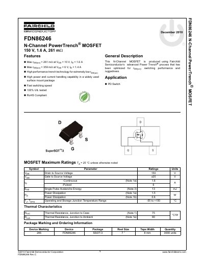 Fairchild Semiconductor FDN86246 N-Channel MOSFET Datasheet - cover page